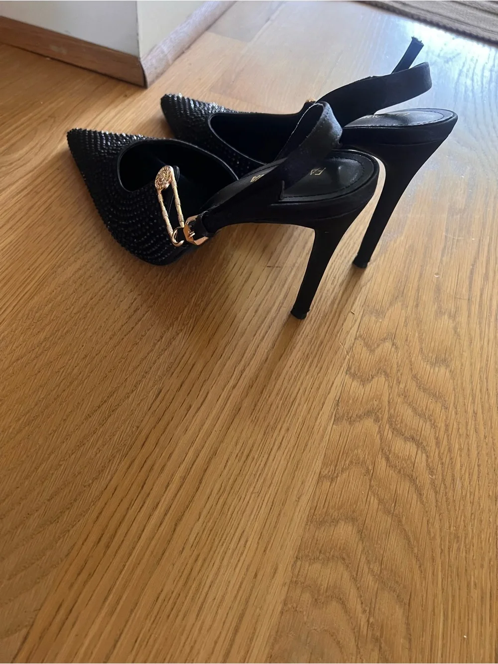 Fashion Nova Black Studded Pointed Slingback Heels with Gold Accents